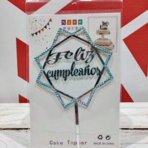 Topper Acrílico Feliz Cumple PLATEADO con Strass IMP. 21796