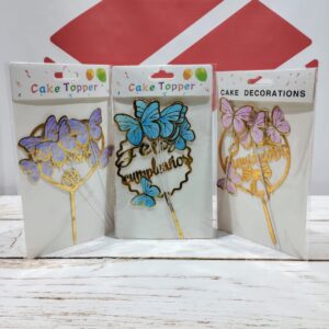 Topper Feliz Cumple Acrílico Mariposas Celeste / Rosa / Lila con Dorado 16641