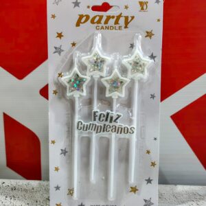 Vela Estrella Blanca Con Confeti  Feliz Cumple Plateado x 4 unid. IMP. 37142
