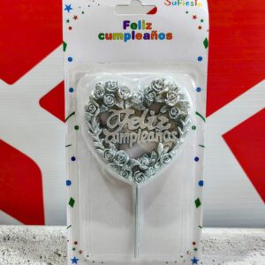 Velas Corazón con Mini Rosas Feliz Cumple Plateada IMP. 37156