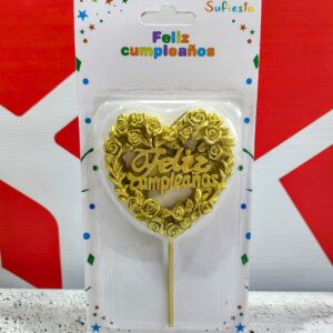 Velas Corazón con Mini Rosas Feliz Cumple Dorada IMP. 37502