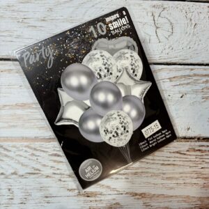 SET 10 GLOBO CORAZON ESTRELLA METALIZADO/CHROME/CONFETTI PLATEADO IMP. 42986