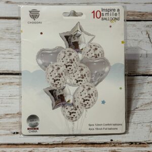 SET 10 GLOBOS CORAZON Y ESTRELLA METALIZADO LATEX CONFETTI  PLATEADO IMP. 41431