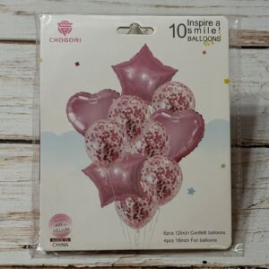 Set de 10 Globos Corazón y estrella Metalizado Látex con  Confetti Rosa IMP. 57570