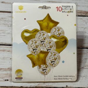 SET 10 GLOBOS CORAZON Y ESTRELLA METALIZADO LATEX CONFETTI DORADO IMP. 41432