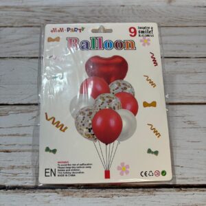 SET 9 GLOBOS CORAZON METALIZADO LATEX CONFETTI  ROJO  IMP. 38349