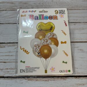 SET 9 GLOBOS CORAZON METALIZADO LATEX CONFETTI  DORADO IMP. 38347