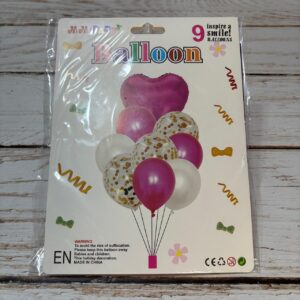 SET 9 GLOBOS CORAZON METALIZADO LATEX CONFETTI  FUCSIA IMP. 38345