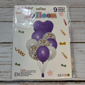 SET 9 GLOBOS CORAZON METALIZADO LATEX CONFETTI  VIOLETA IMP. 38351