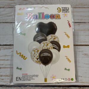 SET 9 GLOBOS CORAZON METALIZADO LATEX CONFETTI  NEGRO  IMP. 38348
