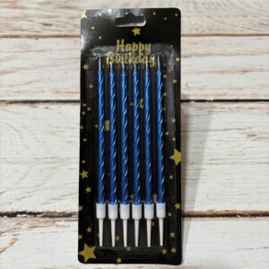 Vela Metalizada Torneada Azul con Portavela 13 cms x 6 unid. IMP 38462