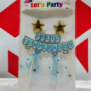 Cake Topper Banderines Celeste Con Estrellas Doradas FELIZ CUMPLEAÑOS IMP. 44707