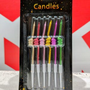Vela Metalizada Resorte  Multicolor 12 Cm. c/Portavela 6 Unid. IMP.44639