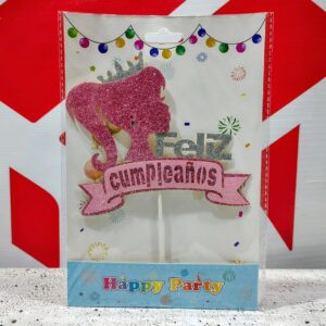 CAKE TOPPER FELIZ CUMPLEAÑOS SILUETA BARBIE GIBREADA ROSA Y PLATA IMP. 45080