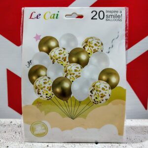 SET 20 GLOBOS LATEX CONFETTI TRICOLOR  DORADO/BLANCO -IMP 46437