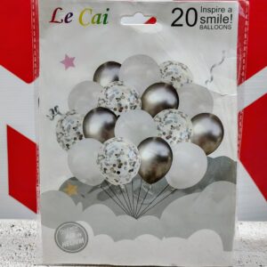 SET 20 GLOBOS LATEX CONFETTI TRICOLOR  PLATA/BLANCO IMP 46438