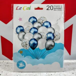 SET 20 GLOBOS LATEX CONFETTI TRICOLOR AZUL/BLANCO/PLATA IMP 46436