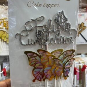 Cake Topper Feliz Cumpleaños 3D Mariposas Plateadas x 5 unid. IMP. 52408