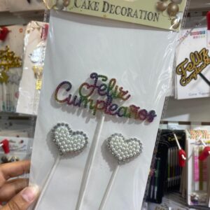 Cake Topper Feliz Cumpleaños Multicolor Corazón c/Perlas x 3 unid. IMP. 52410