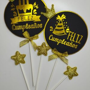 Cake Topper Feliz Cumpleaños Circular Negro C/ Dorado Modelos Surtidos IMP. 52291