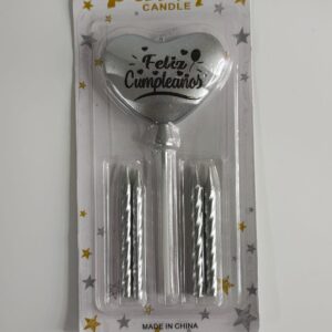 Vela Corazón Feliz Cumpleaños x 5 Unid. Plateada IMP.  46443