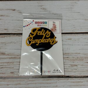 Topper Acrilico Feliz Cumple Dorado y Negro Redondo IMP. 38352