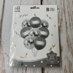 Set de  8 Globos  Perlados  Feliz Cumpleaños Cristal con Confetti Plateado IMP.  57566
