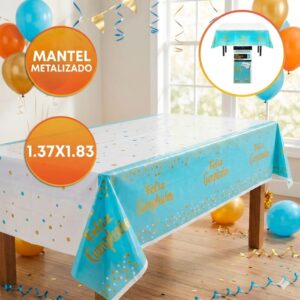 Mantel Metalizado Feliz Cumple Círculos 1.37x1.83 Celeste IMP.  67044