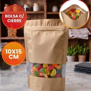 Bolsa Doy Pack con Cierre Hermético Dorado Mate con Franja Transparente 10x15 Cm. IMP. 68014
