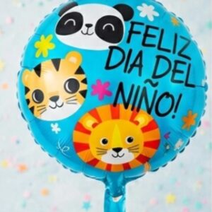 GLOBO METALIZADO  X1 REDONDO 18PULG (45CM) FELIZ DIA DEL NIÑO CARITA ANIMALES