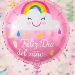 GLOBO METALIZADO X1 REDONDO 18PULG(45CM) FELIZ DIA DEL NIÑO NUBE ARCOIRIS ROSA