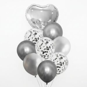 SET 9 GLOBOS CORAZON METALIZADO LATEX CONFETTI PLATEADO IMP. 74771