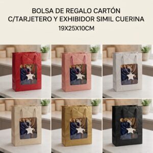 BOLSA DE REGALO CARTON C/TARJETERO Y EXHIBIDOR SIMIL CUERINA 19X25X10CM 76480